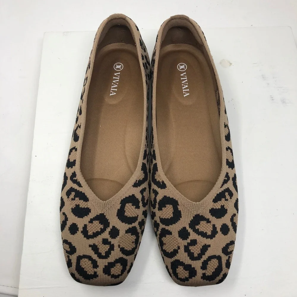 Vivaia Flats Womens 40 US 9 Leopard Print Square Toe Knit Sustainable Shoes